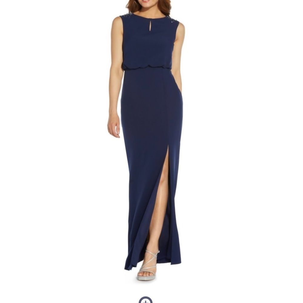 NWOT ADRIANNA PAPELL Navy Stretch Embellished Slitted Keyhole Maxi Dress US 8